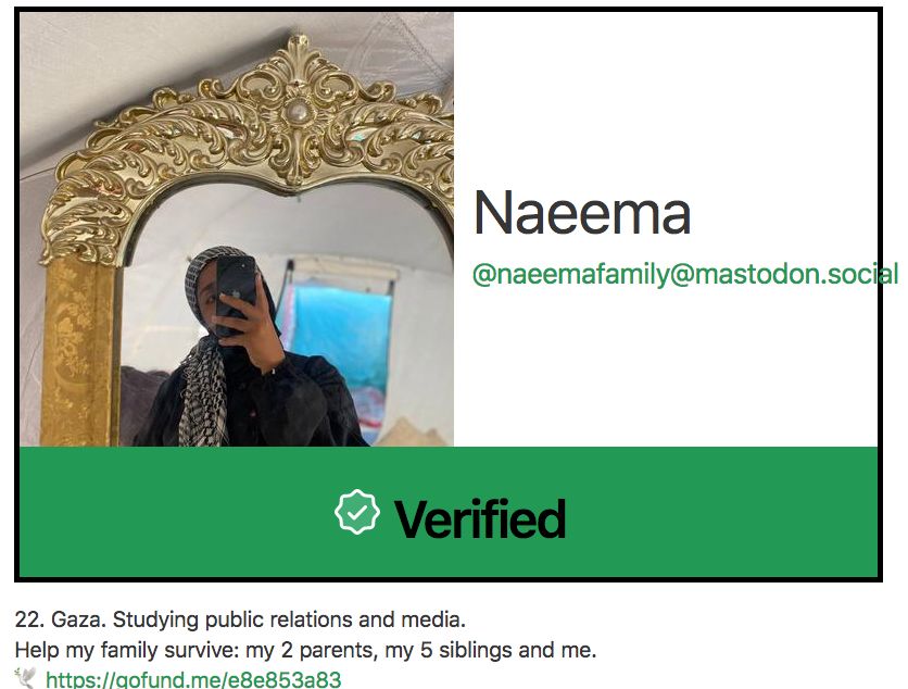 Screenshot of Gaza Verified with Naeema's page.
Text says: "22. Gaza. Studying public relations and media.
Help my family survive: my 2 parents, my 5 siblings and me.
🕊 https://gofund.me/e8e853a83"