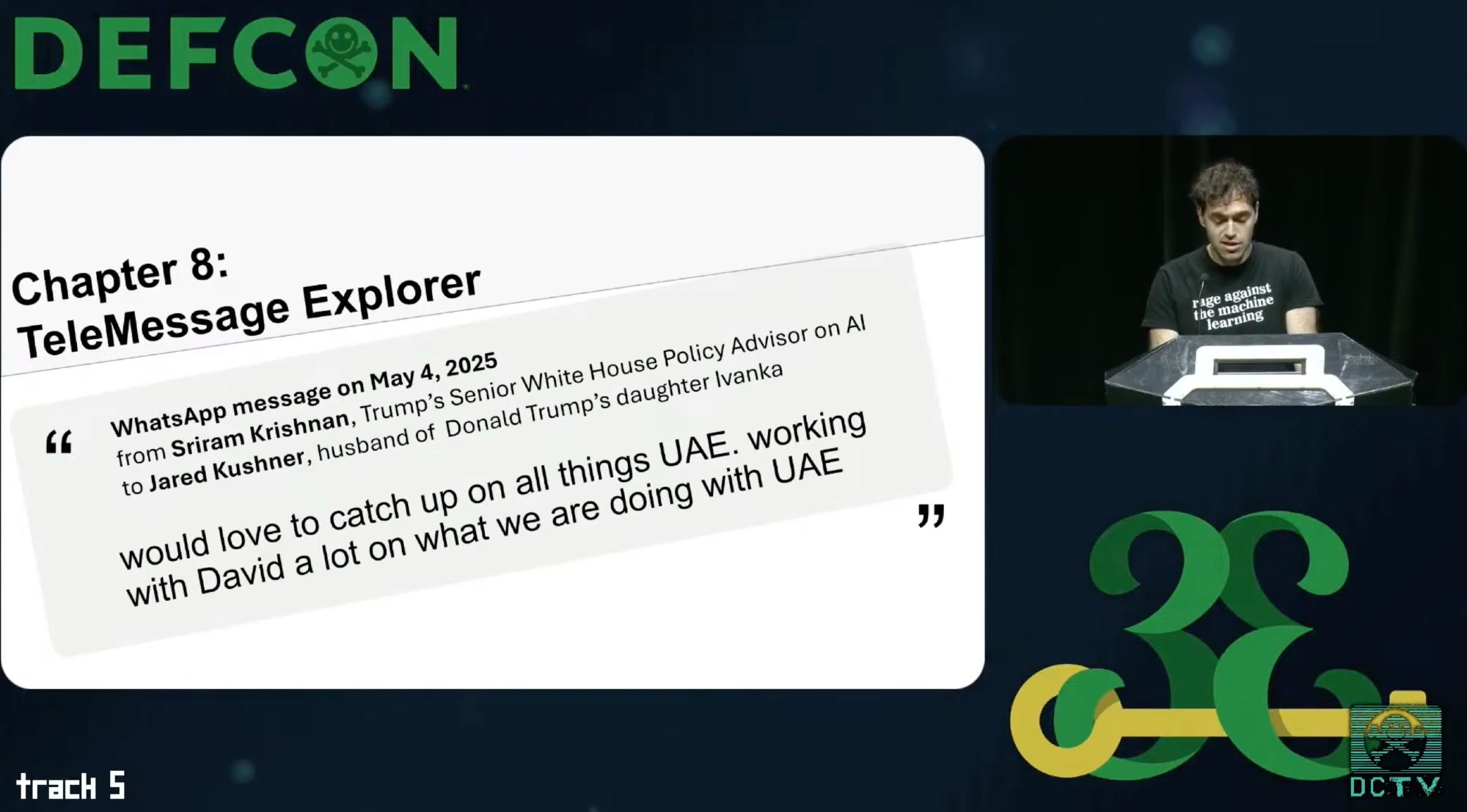 A screen cap from the White House AI guy to Jared Kushner, saying, "would love to catch up on all things UAE, working with David a lot on what we are doing with UAE."
