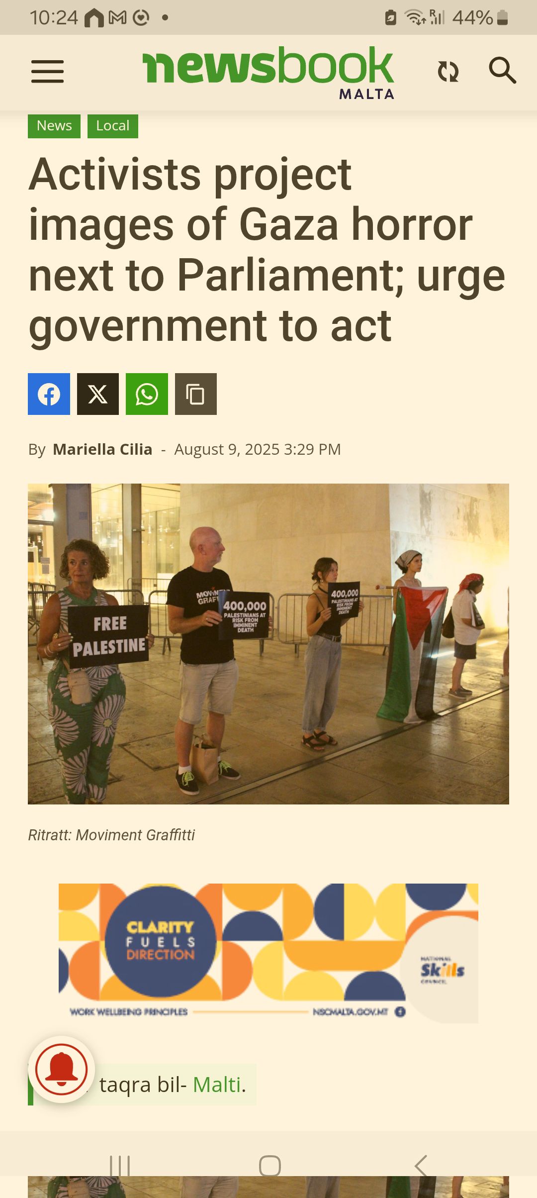 A screen grab of media page saying "activists project horror next to Parliament" underneath are people holding placards saying free Palestine. and some are holding the Palestine flag