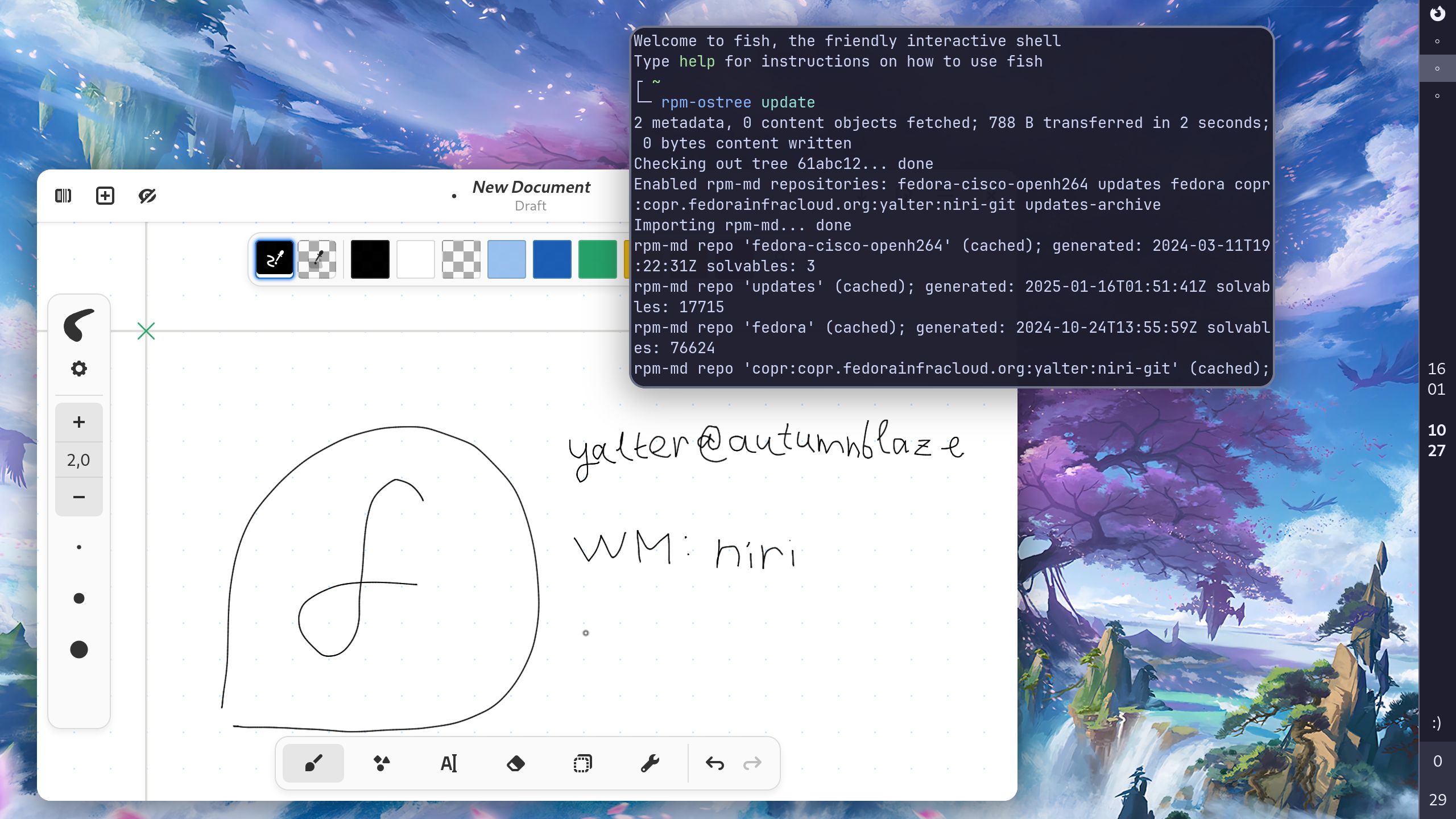 Alacritty window on top of rnote window where I hand-drew two lines of fastfetch output