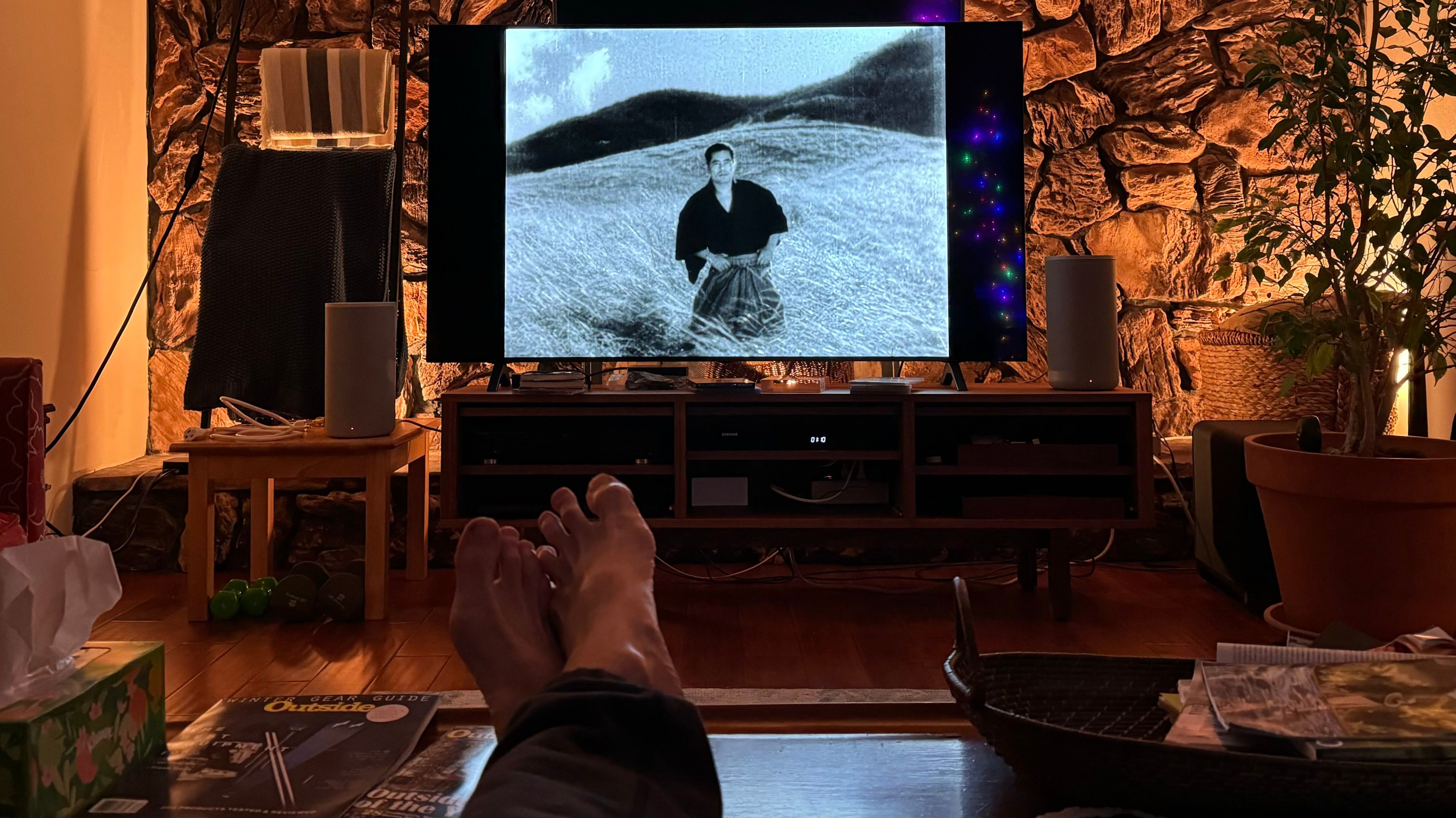 Picture of me with my feet up on the couch watching a black and white movie. On screen in Sanjuro Sugata, who is standing in a windswept field against a mountainside. He is singing. It is very beautiful and moving. The movie, I mean.