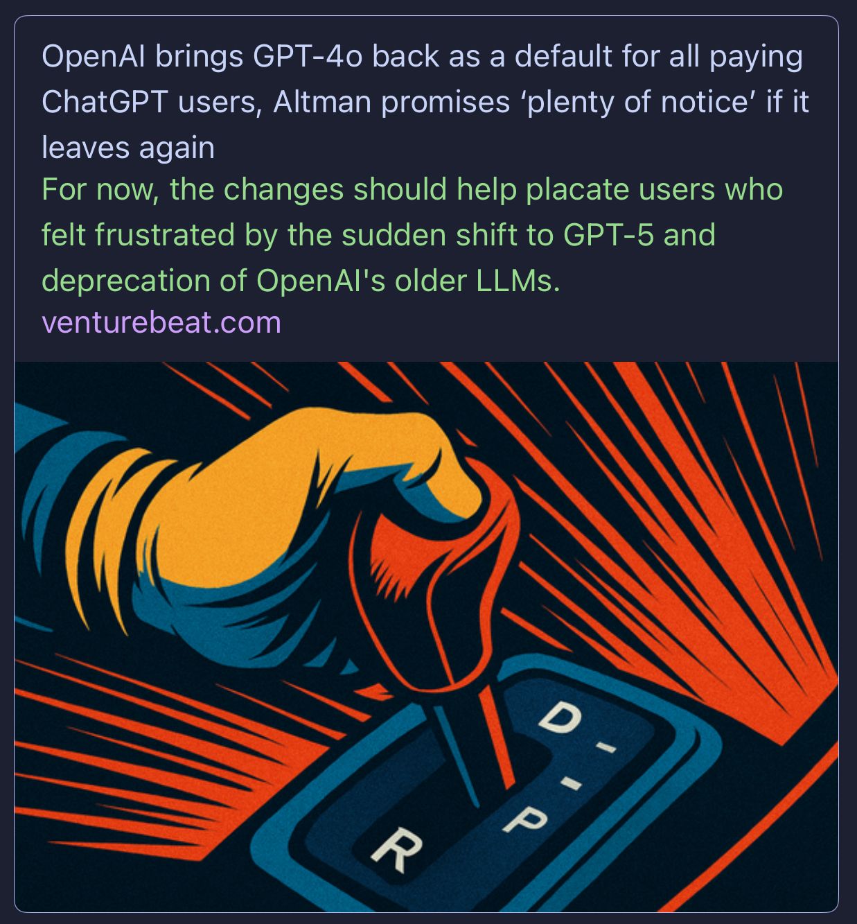 A Venturebeat story preview card; the clearly AI-slop artwork shows a hand operating a transmission lever, but D is at the top of the slide, R the bottom, with P in the middle