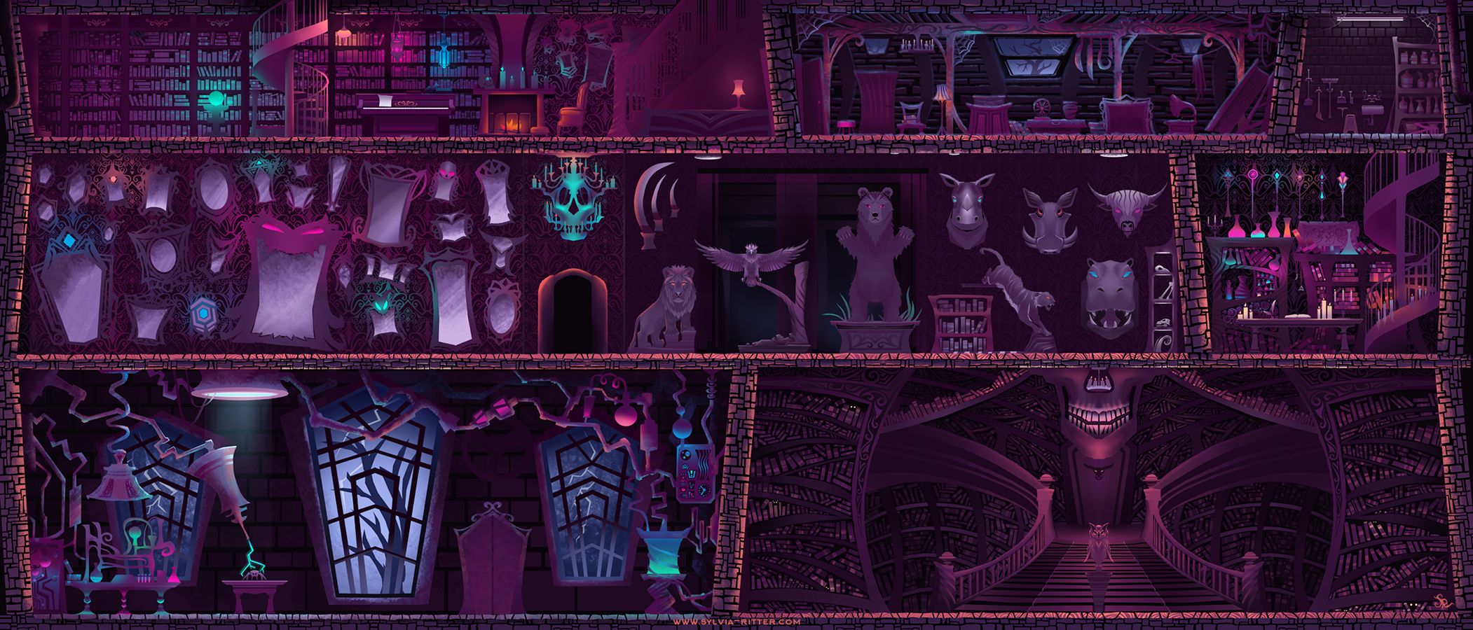 Created in March 2017 for an unannounced game. 
https://www.deviantart.com/sylviaritter/art/Evil-Library-Concept-Art-672550674

The full library can be seen here. Next to the previous mentioned piano, poisons and machine room, we can see the main library with thousands of books protected by a wise owl "Boo hoo boo hoo!" and intricate skull decor.

Another part of the artwork shows the mirror room. Even the mirrors seem alive and love to spook around. Watch out! :) Taxidermied animals with glowing eyes can be found on the right side (lion, eagle, bear, rhino, hippo, warthog, bull, tiger). In a glass vitrine, precious animal skulls and bones are preserved.

In the upper right corner is a haunted dusty attic with spider webs, rusty tools and weapons ,a loom, old cloth, a still functioning gramophone, a forgotten coffin. Windows show the outside area with dead looking trees and a rather dark atmosphere.

..and then there is the ghostly maintenance staff room. Full of cleaning products, brooms, shovels, a warning sign for clean wet floors illuminated by a colder halogen light.  

