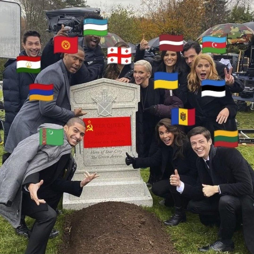 A meme image of former Soviet countries celebrating over the grave of the Soviet Union