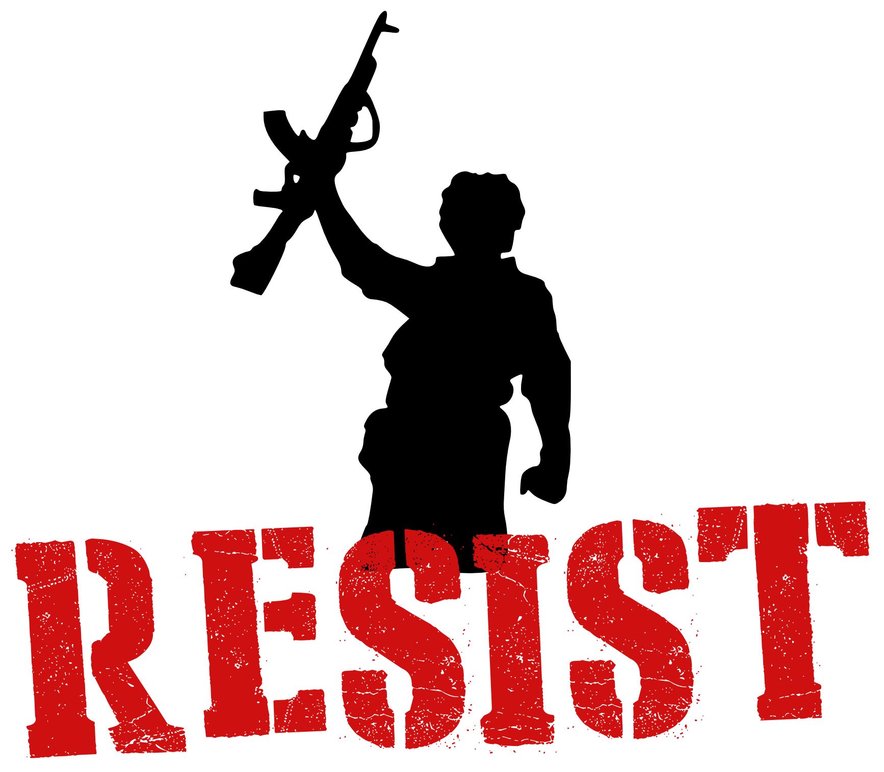 Silhouette of an actor holding up an automatic rifle, from the film Red Dawn. Originally the actor yelled "Wolverines!" but in this depiction, bright-red military stencil font reads "Resist"
