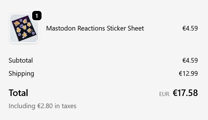 €4.59 stickers + €12.99 shipping = €17.58 total