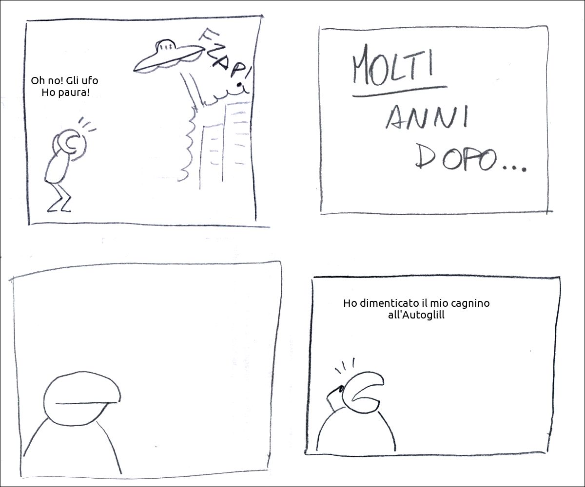 Degli ufo attaccano la città e un tizio esclama: «Oh no! Gli ufo  Ho paura!»
didascalia: molti anni dopo...
il tizio pensa
il tizio allarmato pensa: «Ho dimenticato il mio cagnino all'Autoglill»

