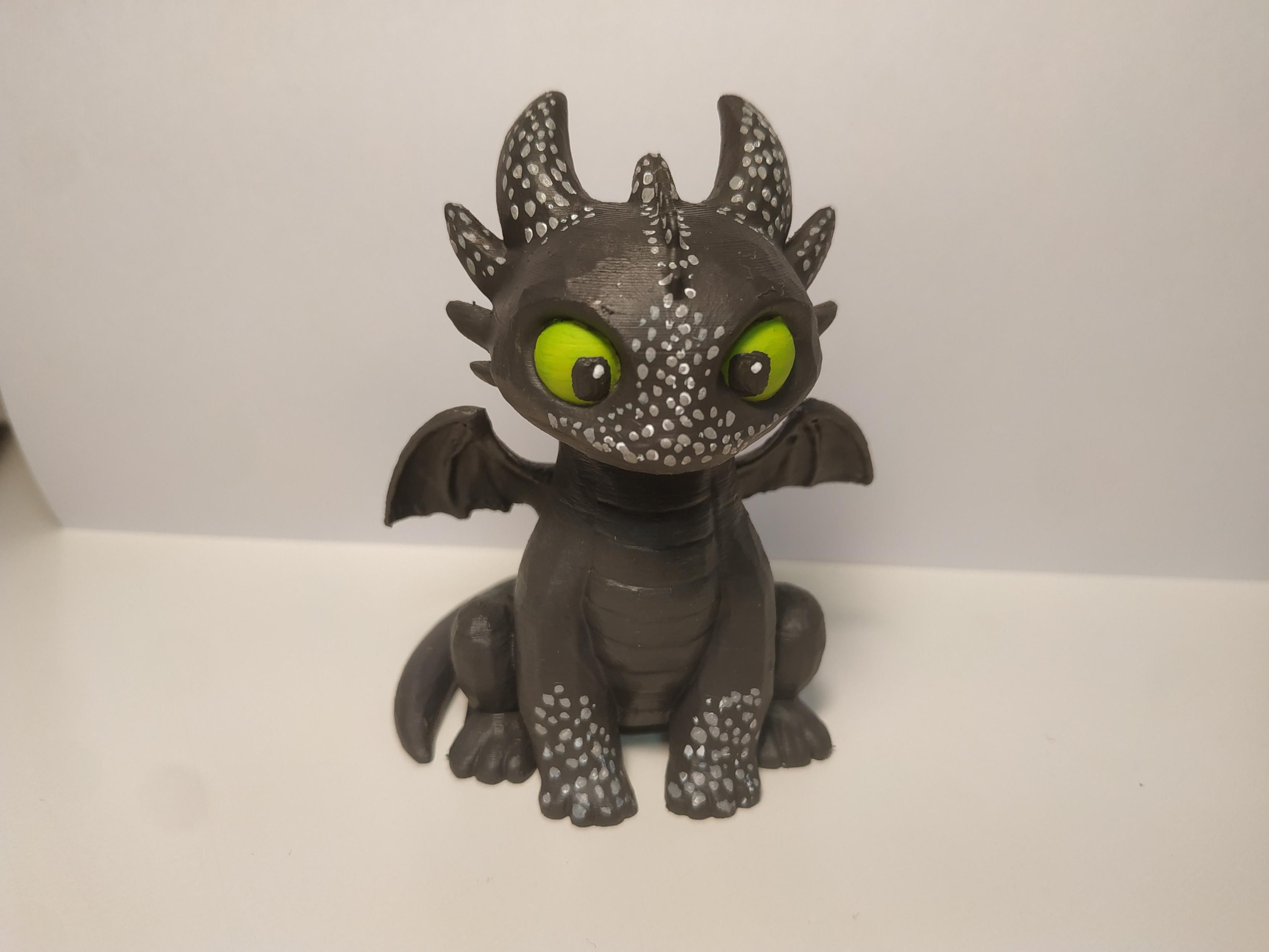 Una stampa 3d di un drago puccioso seduto.
Nero con gli occhi verdi e un po' di scaglie grigie. Ali piccole e nere. Sfondo bianco.