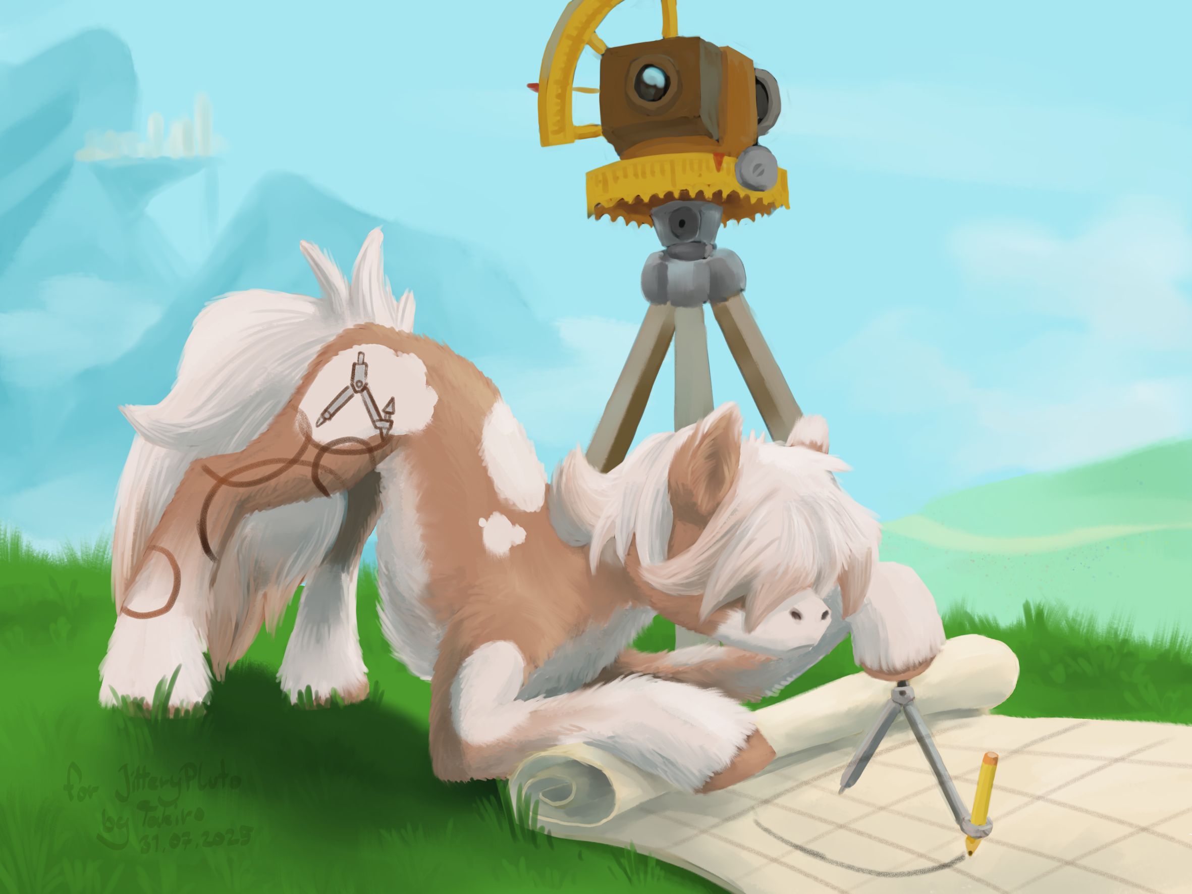 A digital painting of a brown pony stallion with whitish spots and socks (the fur on the end of his legs) his hoofs are brown too. He has a whiteish mane and tail. His mane is so thick it covers his face completely so his eyes are not visible. Despite it's looking he is unable to see anything himself he leans down and draws something with a geometrical compass on a extended roll of paper on the ground. His Cutie Mark on his flank is a geometrical compass too and he has circles extending all over his hind leg, kinda looking like coffee mug stains.

He is on a grassy hill. Next to him is some sort of land surveying tool on a tripod. The background shows more grassy hills and a big mountain. Way back in the background, almost unrecognizable, on one of the mountains seems to be a city on an impossible plateau, more than halfway floating in the air with a waterfall falling from it. 