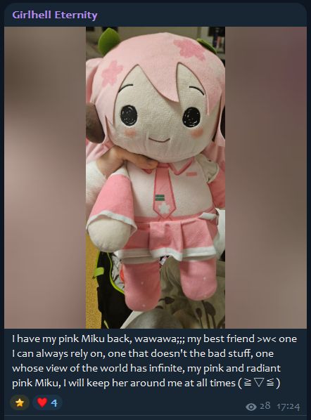 Girlhell Eternity

I have my pink Miku back, wawawa;;; my best friend >w< one I can always rely on, one that doesn't the bad stuff, one whose view of the world has infinite, my pink and radiant pink Miku, I will keep her around me at all times (≥▽≤)

17:24 - 2025/12/13