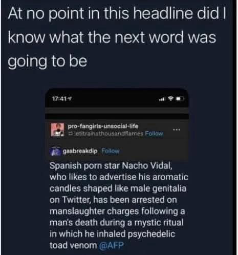 At no point in this headline did I know what the next word was going to be ... * gasbreakaip Spanish porn star Nacho Vidal, who likes to advertise his aromatic candles shaped like male genitalia on Twitter, has been arrested on manslaughter charges following a man's death during a mystic ritual in which he inhaled psychedelic toad venom