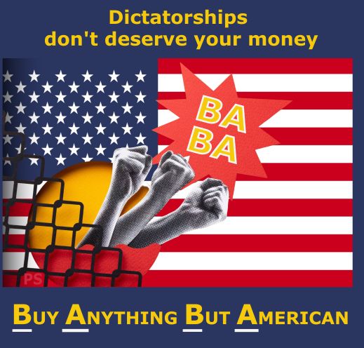 This image is a political graphic with a strong, critical message against buying American products at this moment.

The central part of the image has the USA flag as the background.

Emerging from a torn in the flag there are three fists, raised in a sign of protest or defiance. They are rendered in black and white, giving them a stark, almost photographic quality.

A black chain-link fence is also visible, appearing to be broken or bent, in the foreground of the fists.

A red, starburst-shaped graphic is overlaid on the right side, with the yellow text "BABA" written inside.

At the very top of the image, in yellow text, is the message:
"Dictatorships don't deserve your money"

At the very bottom, also in yellow text, is the phrase:
"Buy Anything But American"
The letter "B', 'A, 'B', 'A' are underlined.

The overall message is a call for a boycott of American products, equating the United States with a dictatorship and implying that financial support should be withheld. The visual of the raised fists and the torn flag suggests rebellion and a break from the nation.







