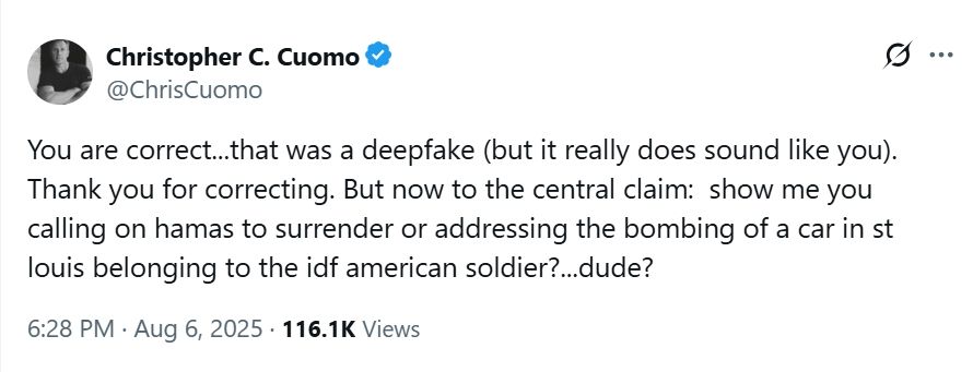 You are correct...that was a deepfake (but it really does sound like you). Thank you for correcting. But now to the central claim:  show me you calling on hamas to surrender or addressing the bombing of a car in st louis belonging to the idf american soldier?...dude?