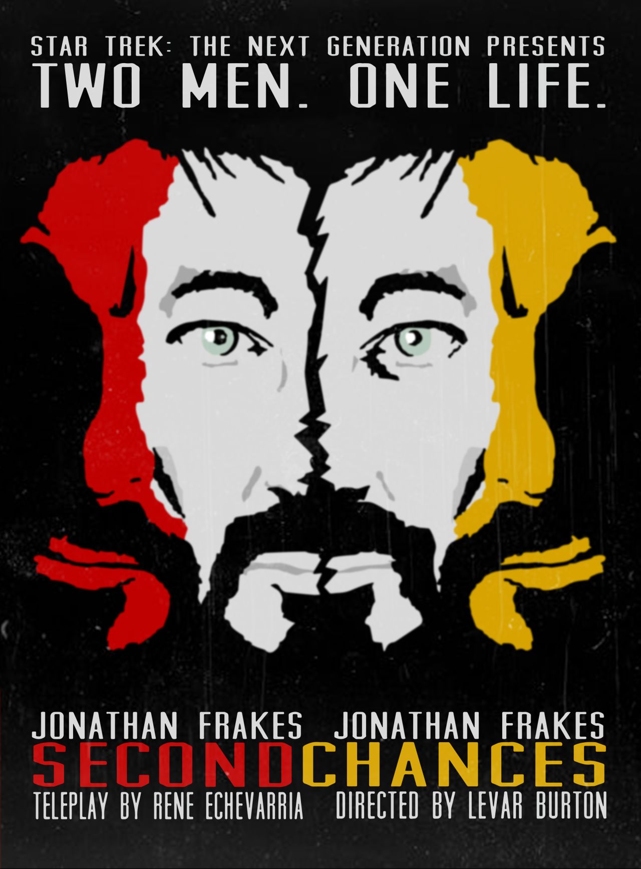 Artist: J.J. Lendl at STUDIO JJ
- @jjlendl.bsky.social
- https://xfilesposterproject.tumblr.com/tagged/second%20chances
- https://www.instagram.com/jjlendl/
(Created 2015)

A poster for the Star Trek: The Next Generation episode Second Chances, featuring a black and white face of Riker with a fizzure down the middle, splitting it into a red and yellow version of itself on either side.