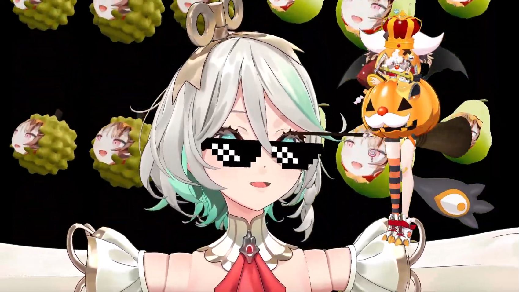 A screenshot of a livestream. Cecilia Immergreen, a pale skinned doll vtuber with white and green hair and green eyes is large in frame and T-posing with "deal with it" sunglasses on, and Gigi Murin, a brown haired gremlin mostly dressed in orange is small in frame appearing to stand on her shoulder. she's also dressed in a pumpkin costume and has some sort of crown with horns and goofy sunglasses, a rubber mallet, honestly too many 3d accessories on. several fruit are scrolling by in the background with gigi's face on them, against a black background