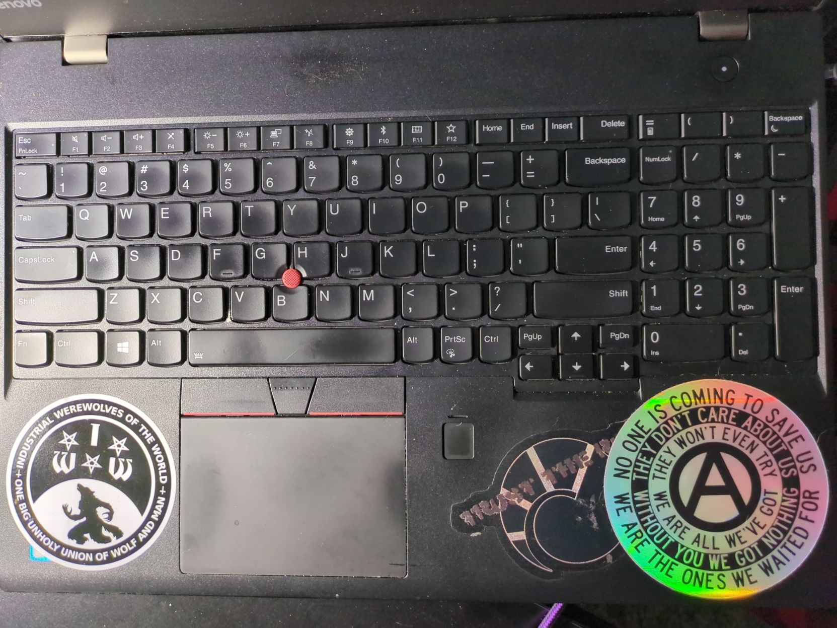 Inside of same laptop with IWW and Anarchist stickers.