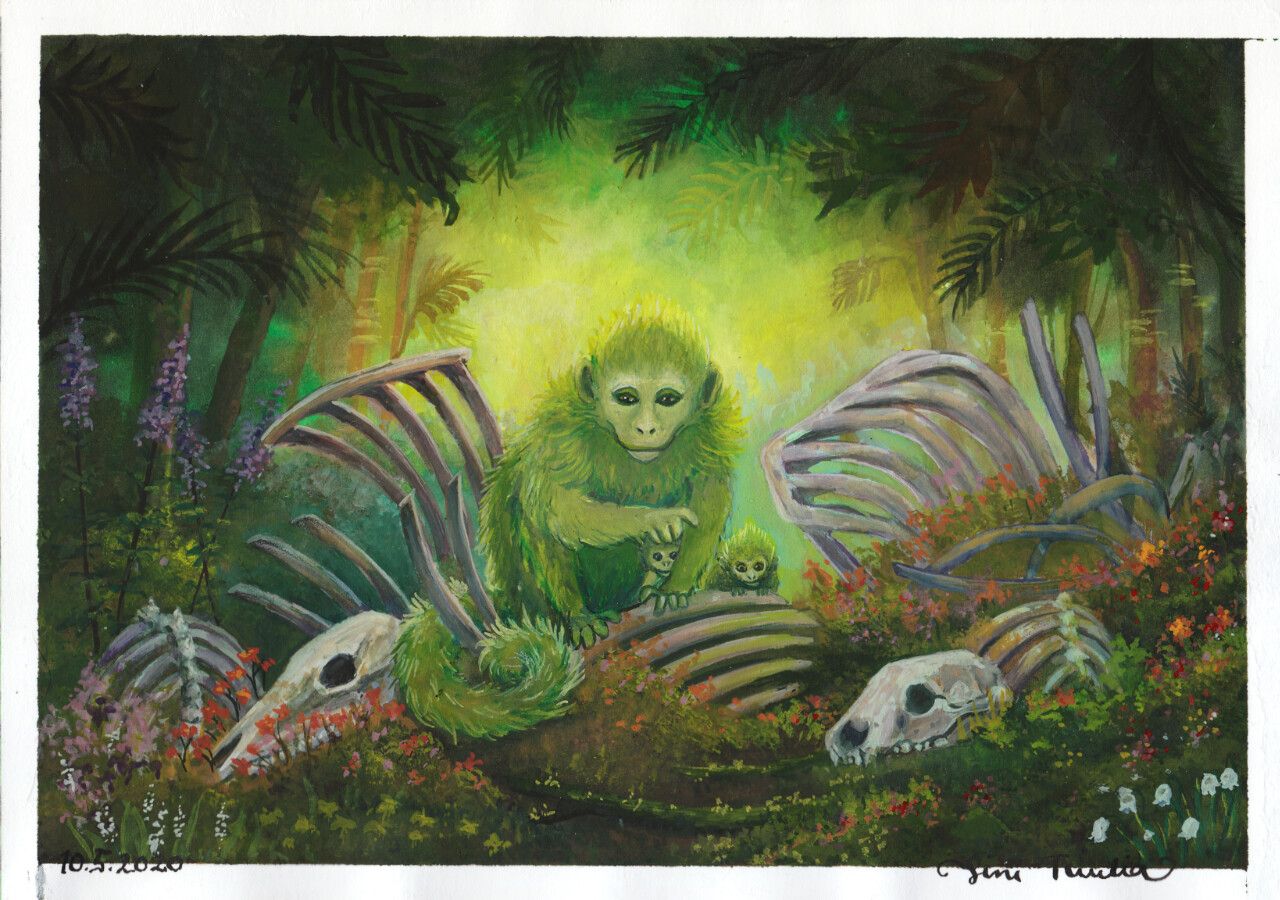 A traditional media painting mainly in the hues of green, depicting a mossy green, gentle looking primate and two of her curious young peeking over moss and flower covered rib bones. The vibe is lush and peaceful.