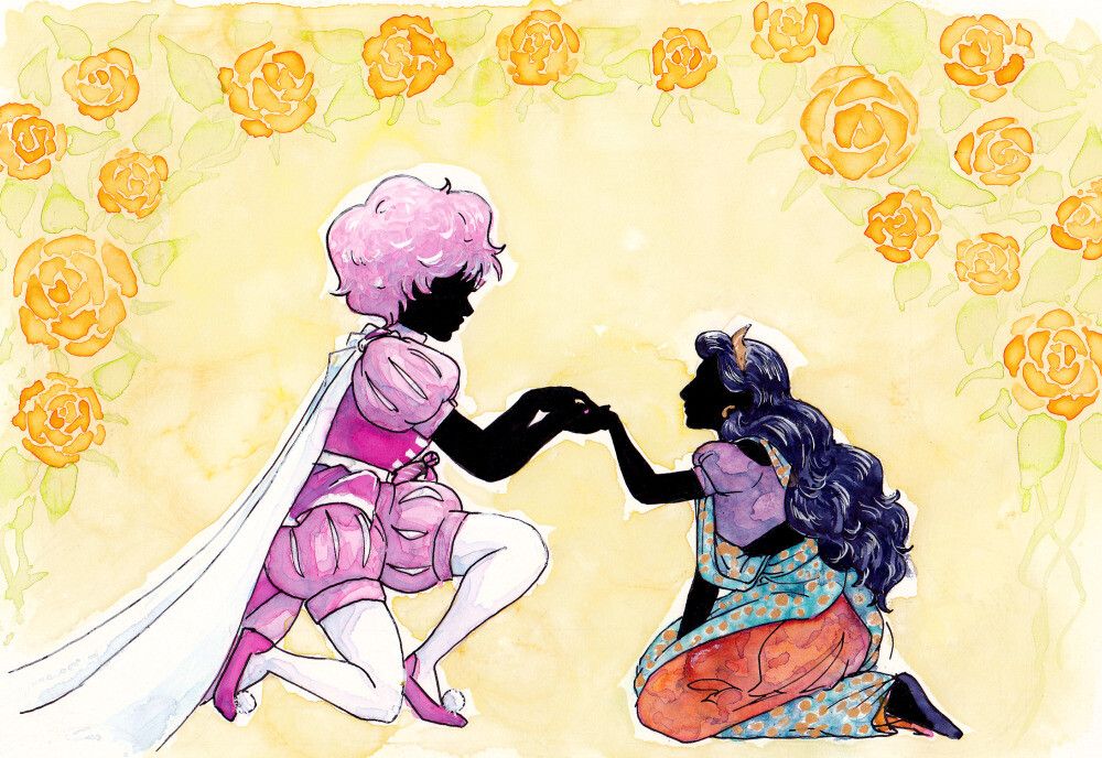 Pink Diamond and Connie Maheswaran, drawn in the style of Dios and Utena in the shadow play flashback when Dios gives Utena the ring