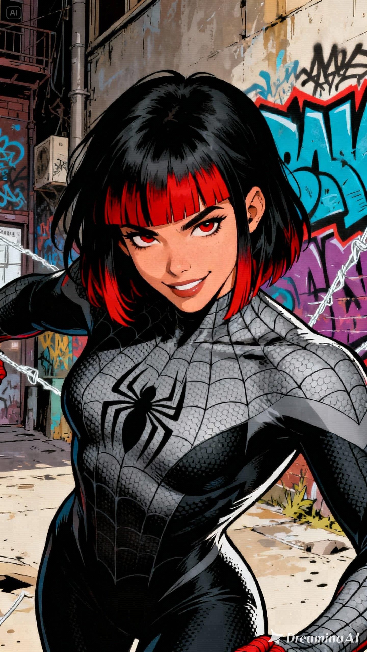 A non-binary spider-hero, black hair with red fringe, confident expression, tight textured black-and-grey spider-suit, gritty urban environment, dynamic lighting, vibrant comic book art