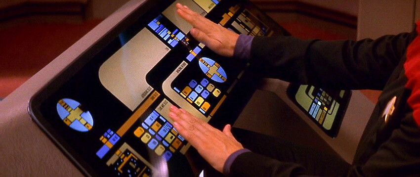 An LCARs computer interface from Star Trek TNG being on a bridge console.