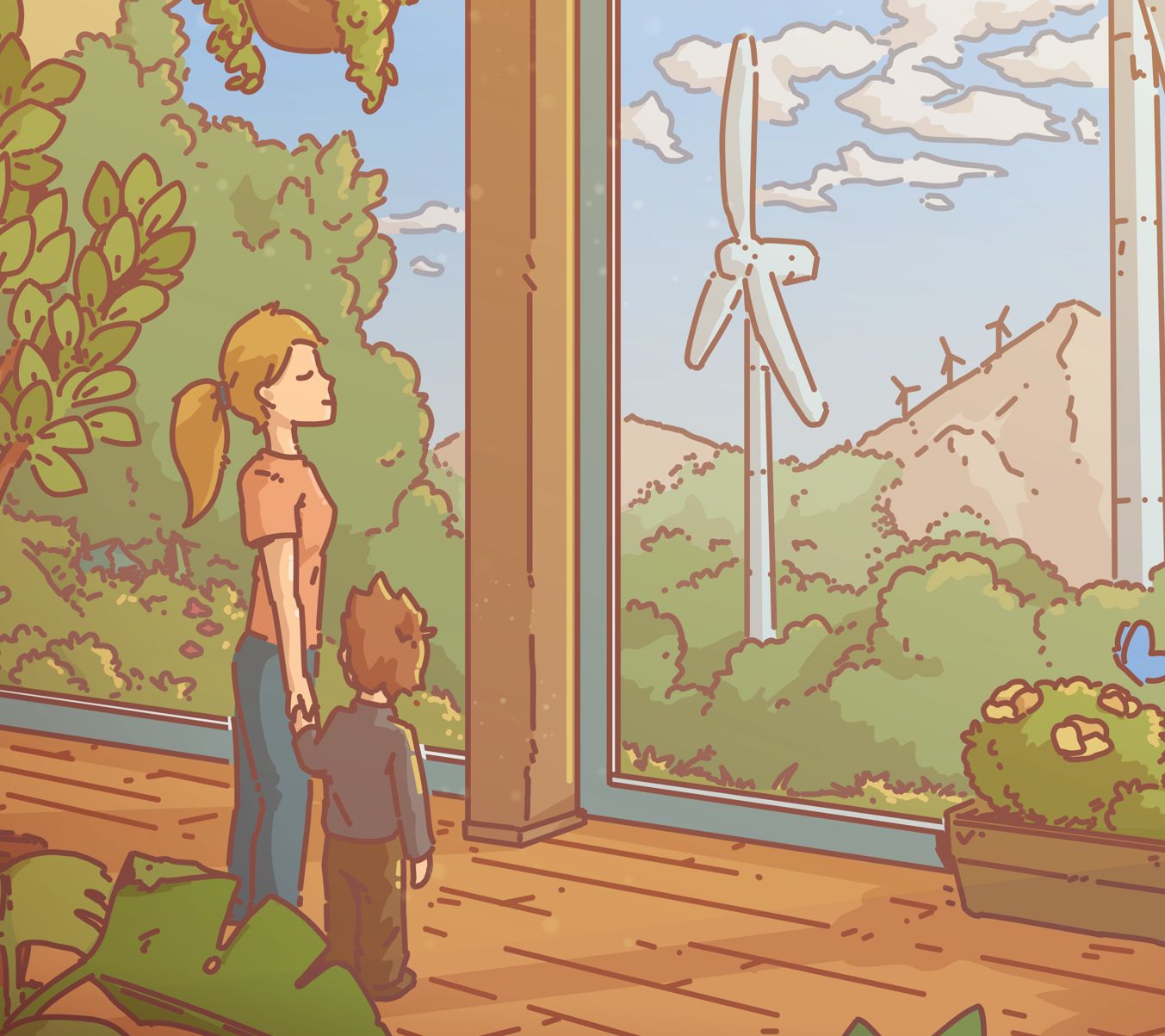 Detail of an illustration: A woman and child stand by large windows looking out at a scenic landscape with rolling hills, trees, wind turbines, and mountains in the distance.