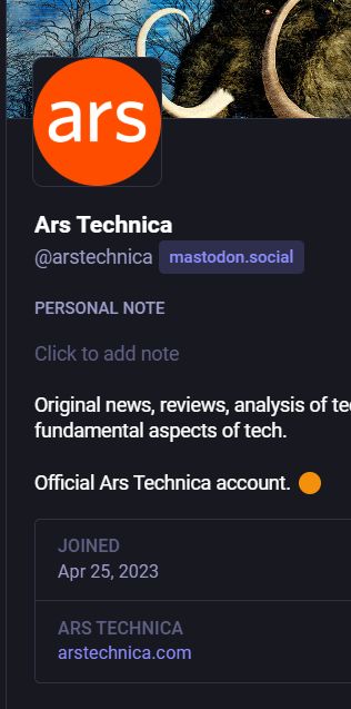 Cropped screenshot of Ars Technica's profile as viewed from mstdn.games. There is no indication of verification.