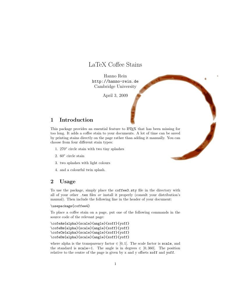 Screenshot of a typical document set with LaTeX - but this one has a huge coffee stain in the upper right