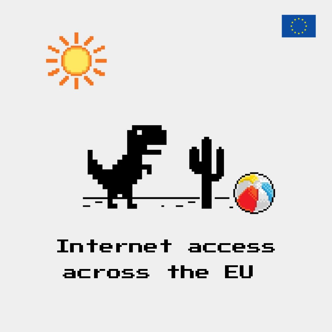 Pixel art of the offline Google Chrome dinosaur game featuring a black T-Rex, a cactus, and a beach ball under a sun. The EU flag is in the top-right corner. Text reads: 'Internet access across the EU'. 