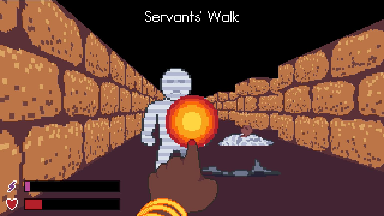 The Vigilance of Nephthys.  First-person view of the player's hand, which is dark-skinned and wearing golden bracelets, throwing a fireball at an advancing mummy. The area is called the Servants' Walk and is a corridor made of dingy brown stone.
