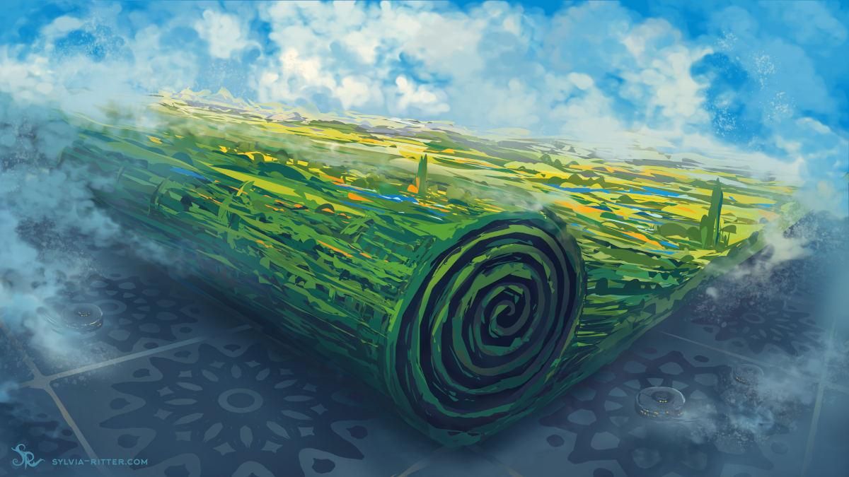 Imagine a landscape (blue, green, yellow) being rolled up, surrounded by clouds and fog. Underneath, we can see the colder grey-blue floor tiles with mandala patterns. Small robots have already cleaned up dust from centuries ago. No worries, the residents moved to a new place until the carbon dioxide reached a healthy level again.

https://www.deviantart.com/sylviaritter/art/Speedpainting-15122025-1275570770