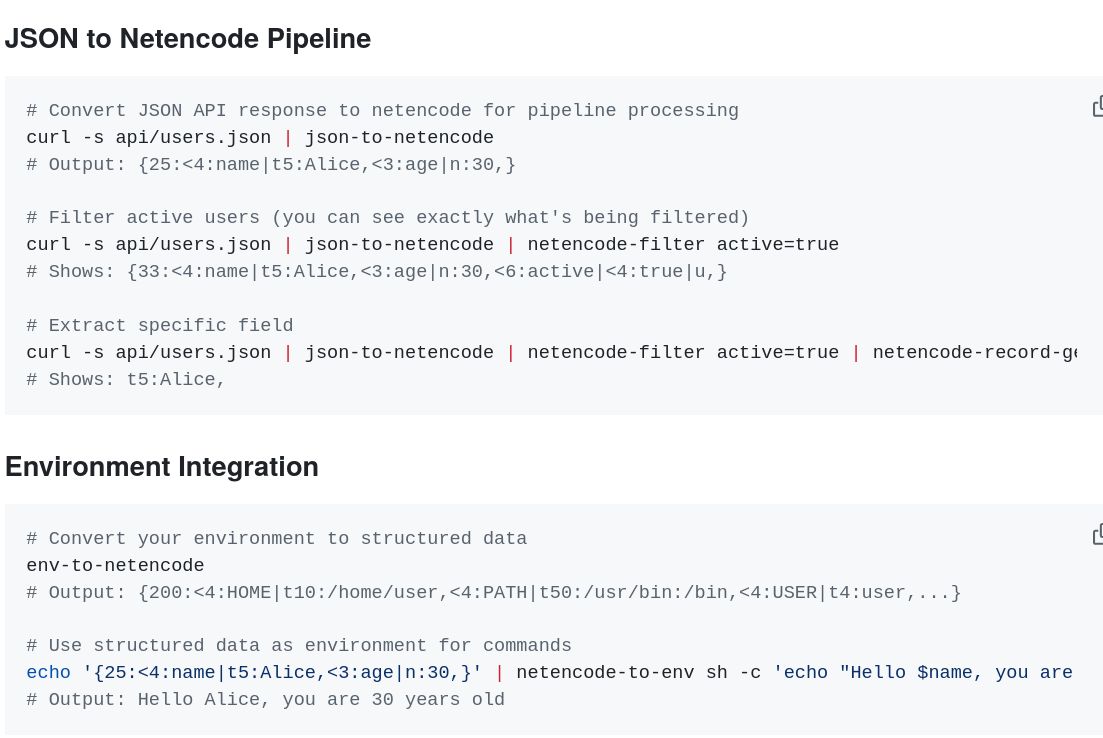 An excerpt from early in the readme, showing some json to netencode tools and environment integration