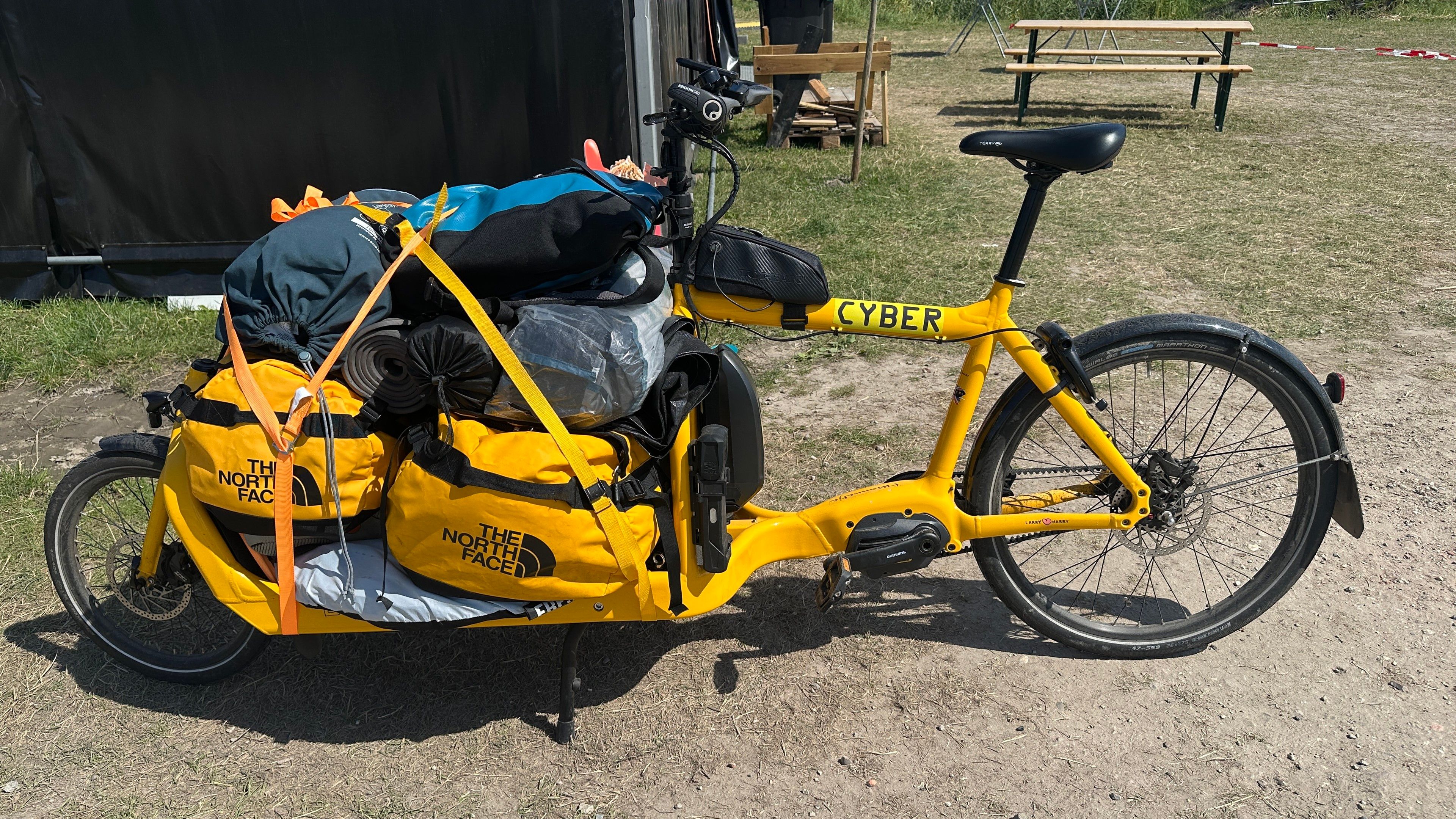 Cargo bike loaded with four people's gear