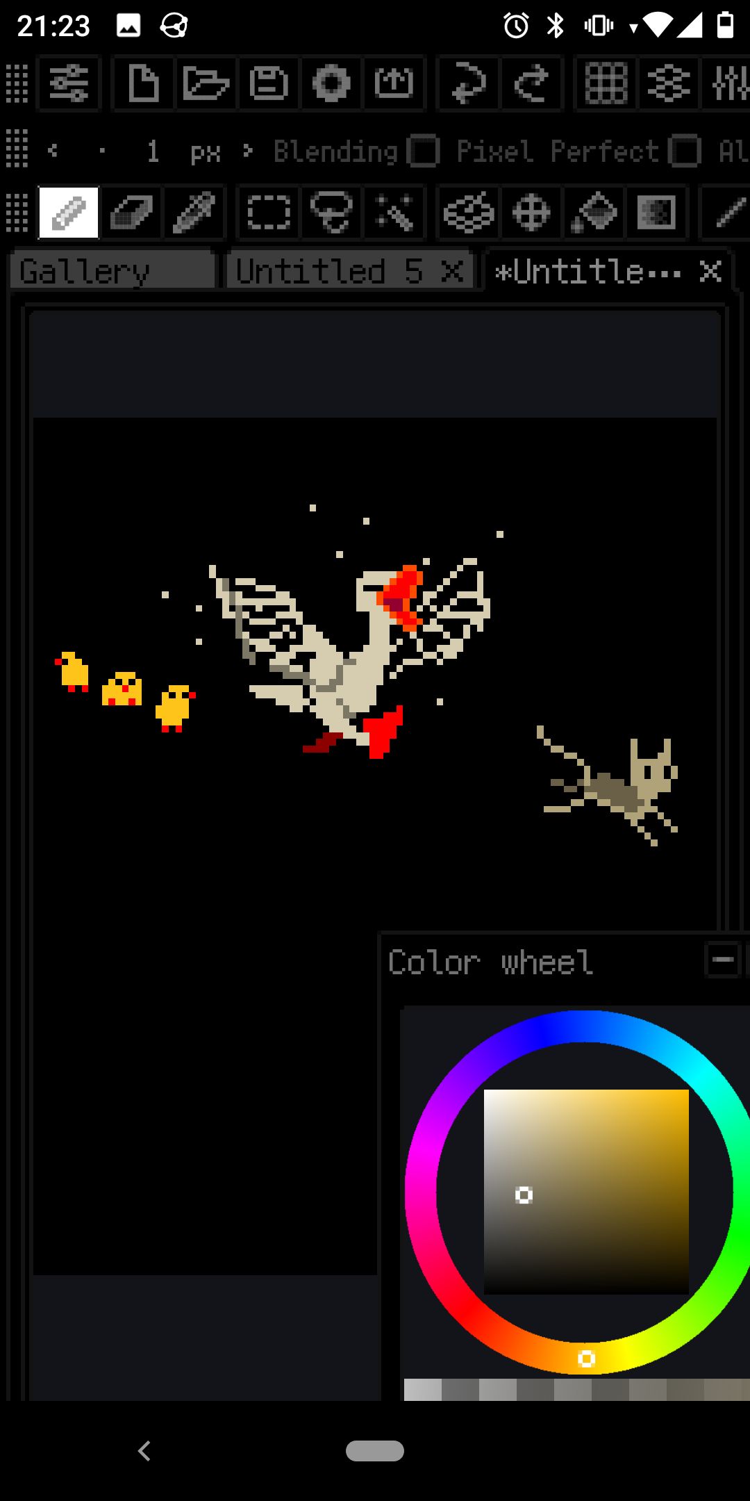 pixel duck charging a fleeing cat, some ducklings stay behind.
Half drawn.