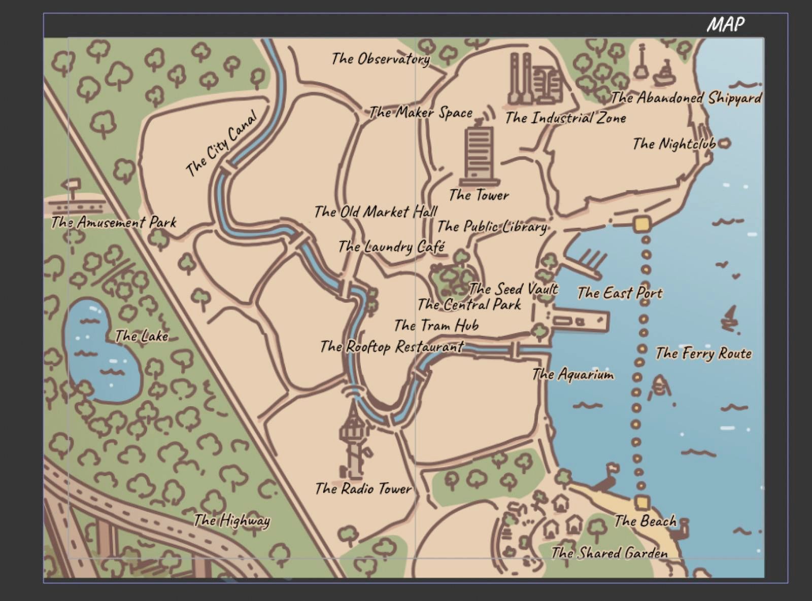 Map of a coastal city, with the ocean on the left. A few district are laid down, along with notable location such as towers and parks. The right side is cut to show a forest further west, with a lake an a highway